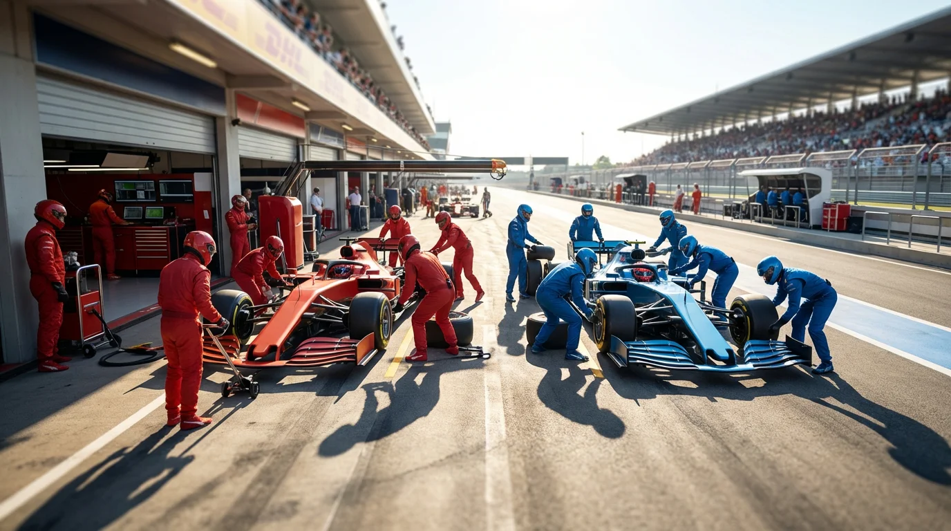 Twee Formule 1-bolides naast elkaar in de pitstraat tijdens een constructeurskampioenschap race