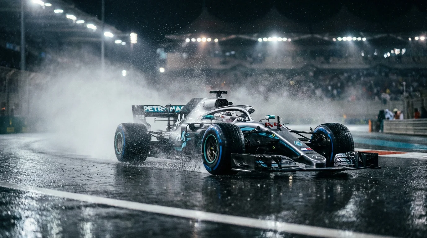 Formule 1-auto rijdt door de regen op een natte racebaan met opspattend water