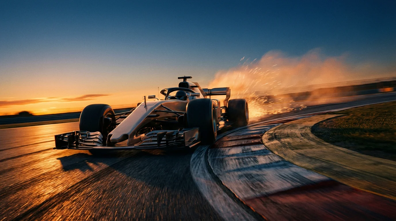 Formule 1 auto scheurt over het circuit in oranje gloed tijdens de schemering
