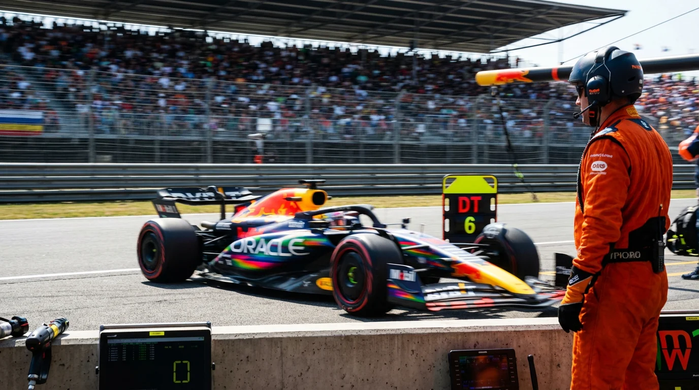Formule 1-auto passeert de pitmuur tijdens een spannende race met volle tribunes