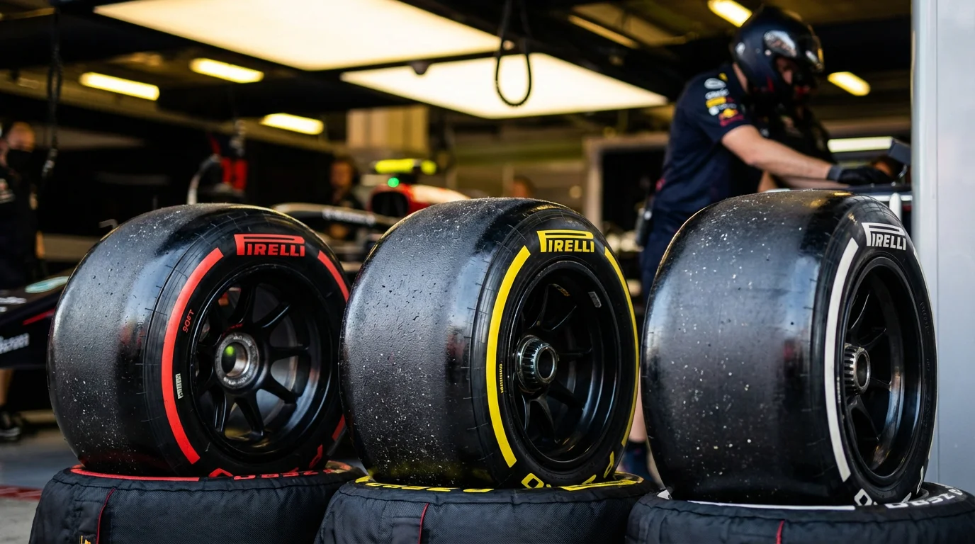 Close-up van Formule 1-banden opgesteld in de pitstraat voor een race