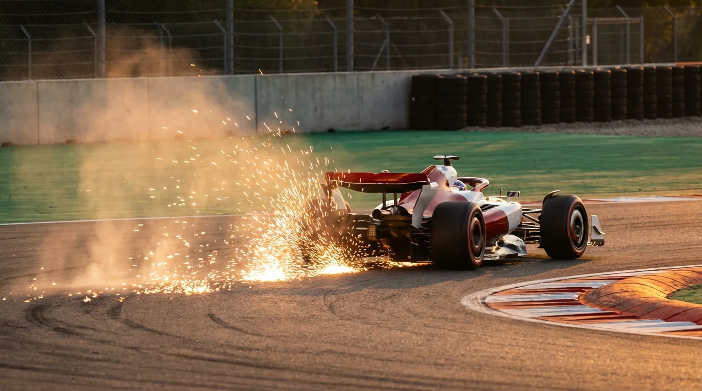 Formule 1-bolide die met hoge snelheid door een bocht scheurt met vonken onder de vloer