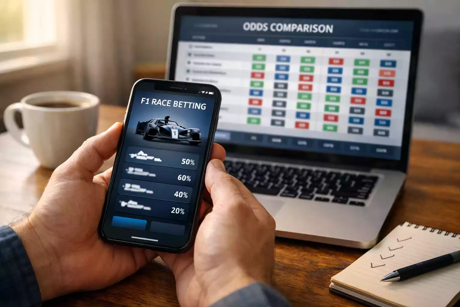 Persoon vergelijkt F1 odds op laptop en smartphone