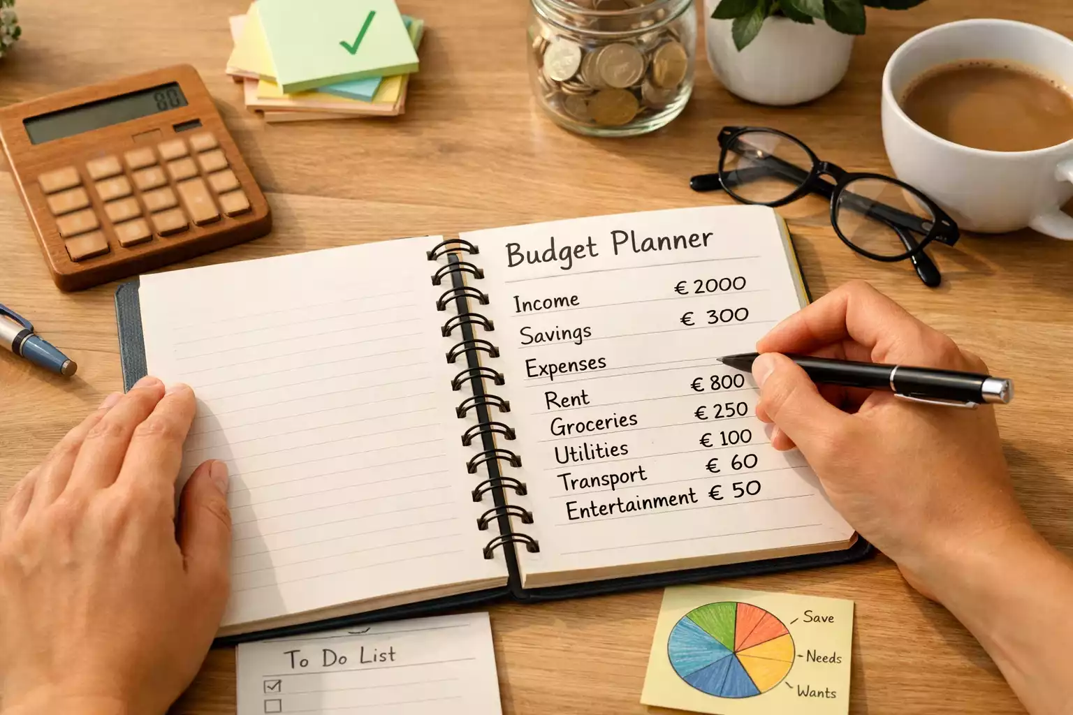 Persoon maakt budget planning op papier met euro symbolen