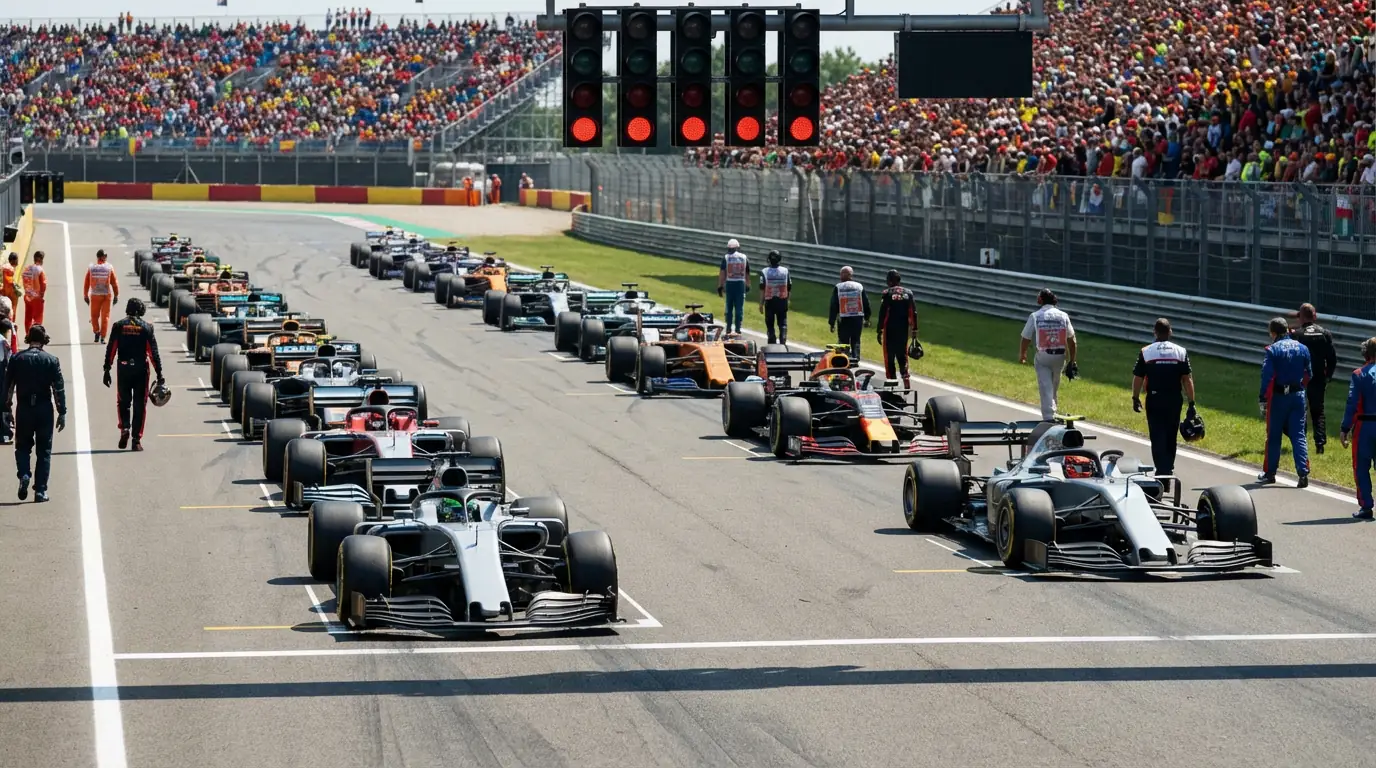 Formule 1 coureurs staan naast hun auto's op de startgrid voor de race