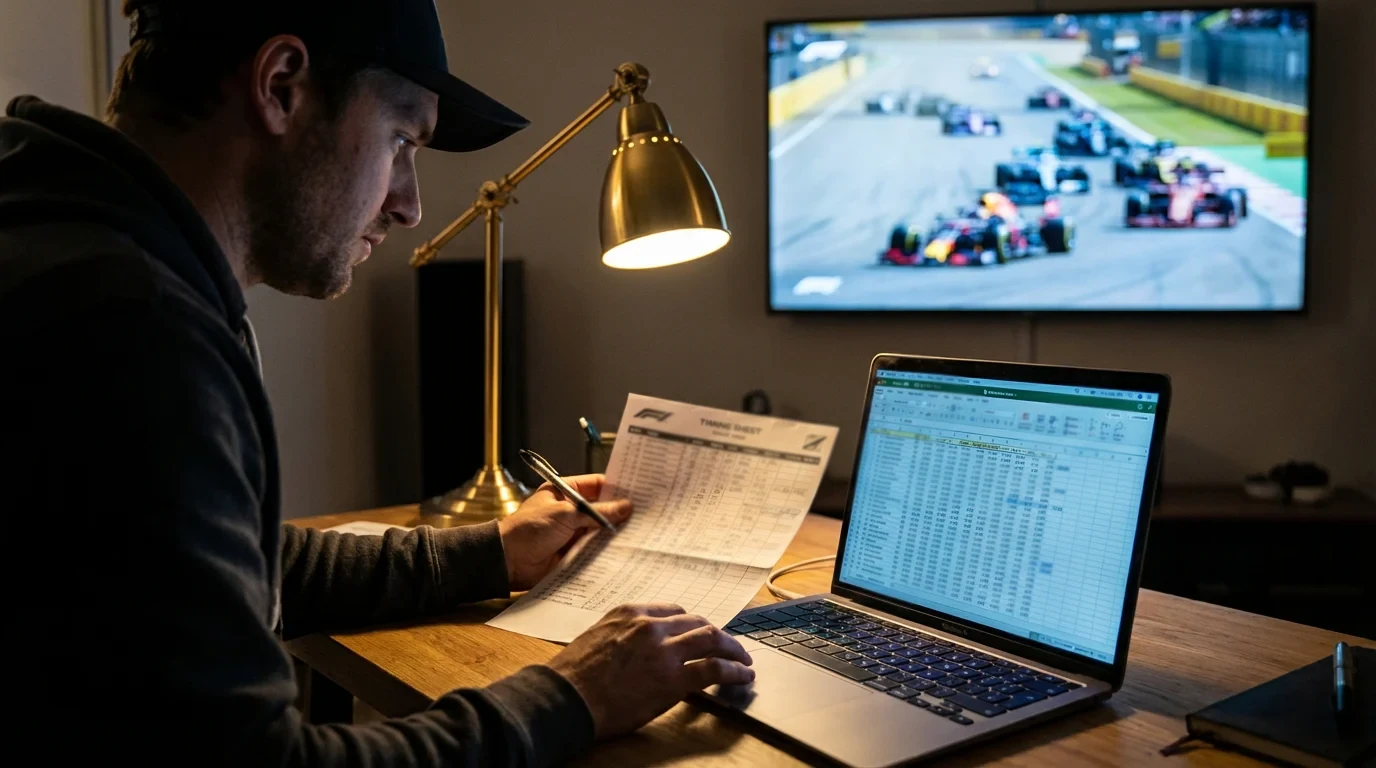 Persoon analyseert Formule 1-racedata op een laptop met een racebaan op de achtergrond