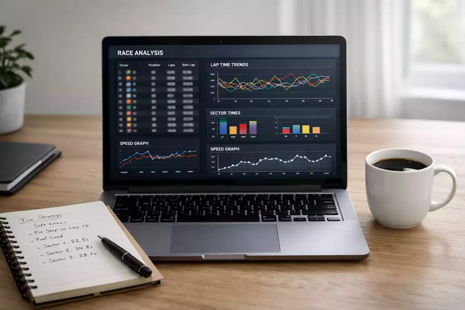 Laptop met racestatistieken en grafieken voor F1-analyse