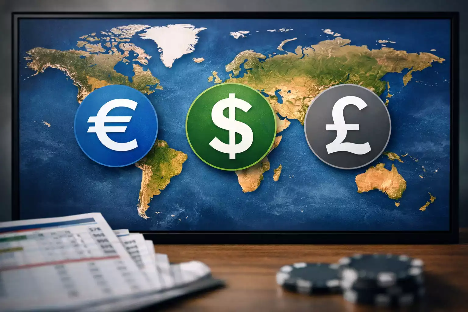 Wereldkaart met verschillende valutasymbolen en sporticons