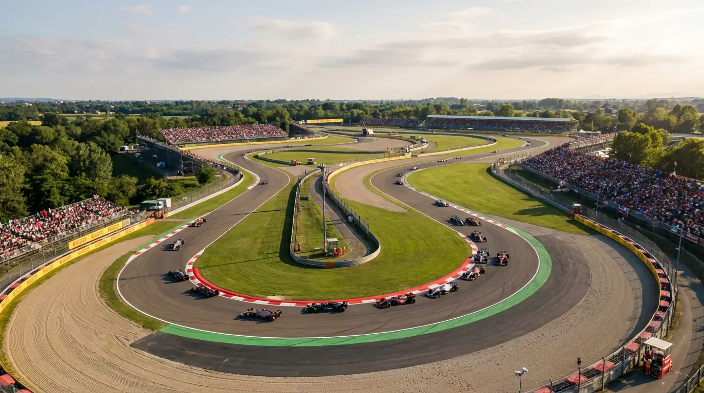 Luchtfoto van een Formule 1 circuit met tribunes en auto's op de baan