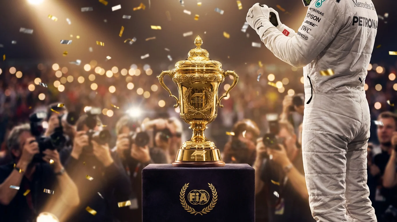 Formule 1-coureur tilt de wereldkampioensbeker omhoog na het seizoen