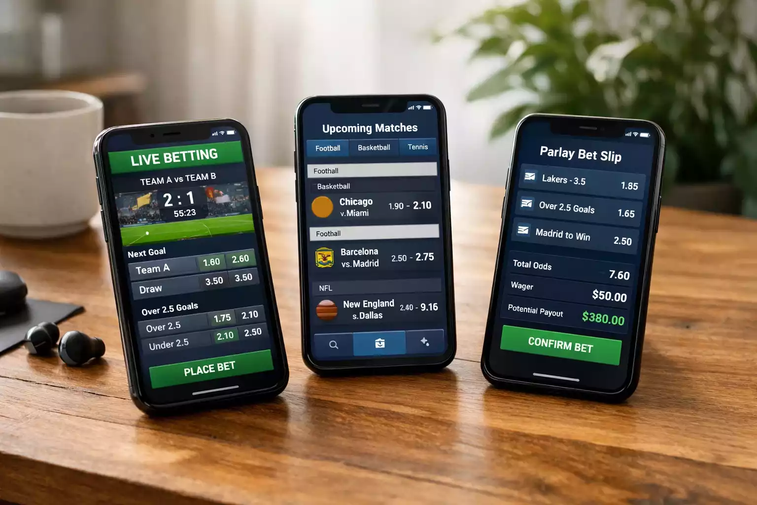 Verschillende smartphones met sportwedden-apps naast elkaar