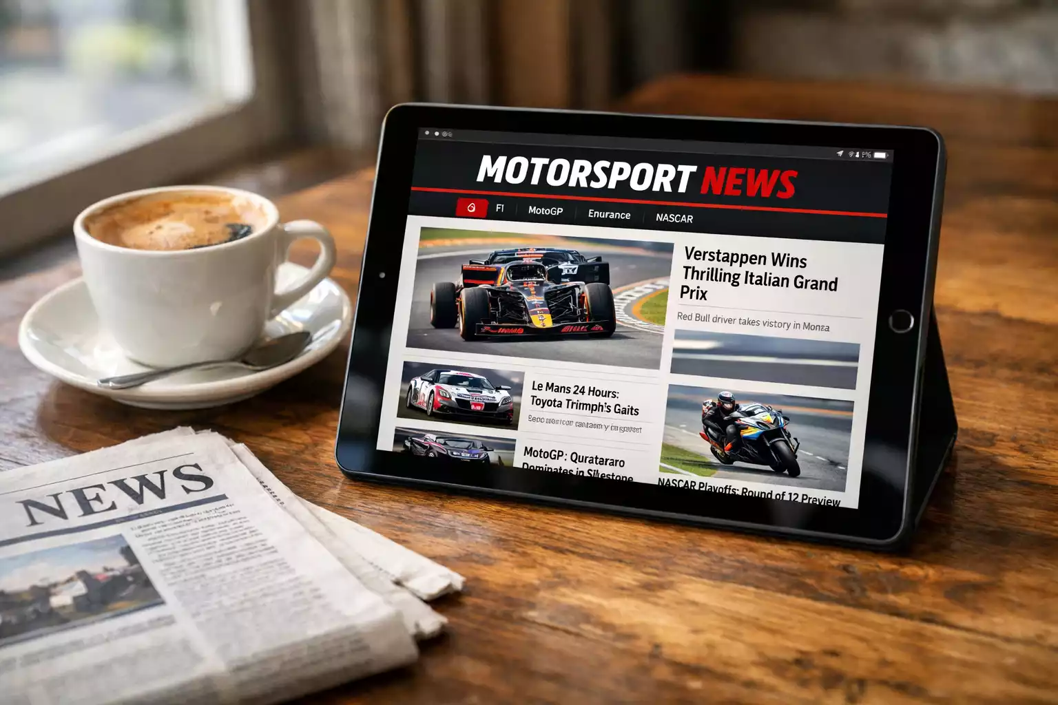 Tablet met F1-nieuws en kop koffie op tafel