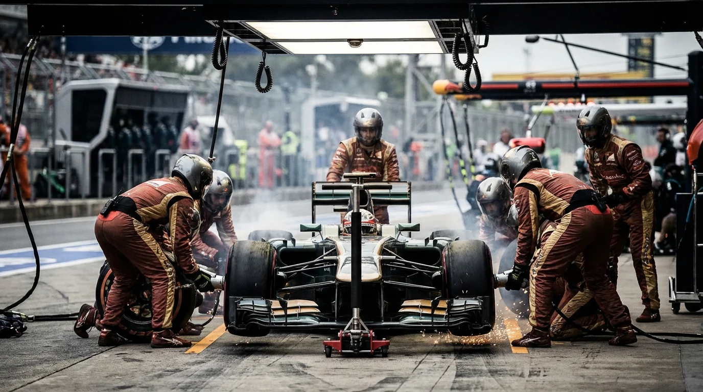 Close-up van een Formule 1-wagen in de pitstraat met monteurs die banden wisselen