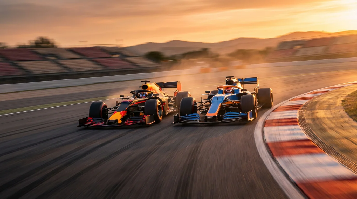 Twee Formule 1-wagens naast elkaar in een bocht op een racecircuit bij zonsondergang