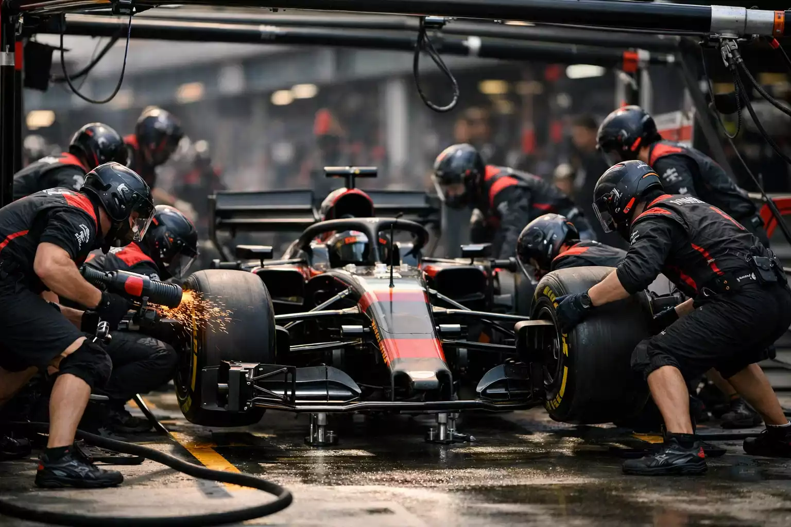 Formule 1 pitstop met monteurs die banden wisselen in actie