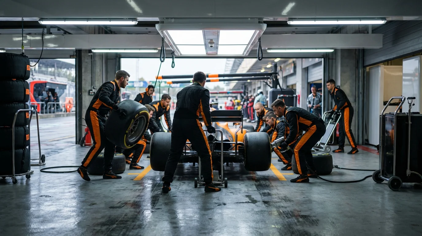 Formule 1-pitstraat met monteurs die een bolide klaarmaken voor de race onder felle verlichting