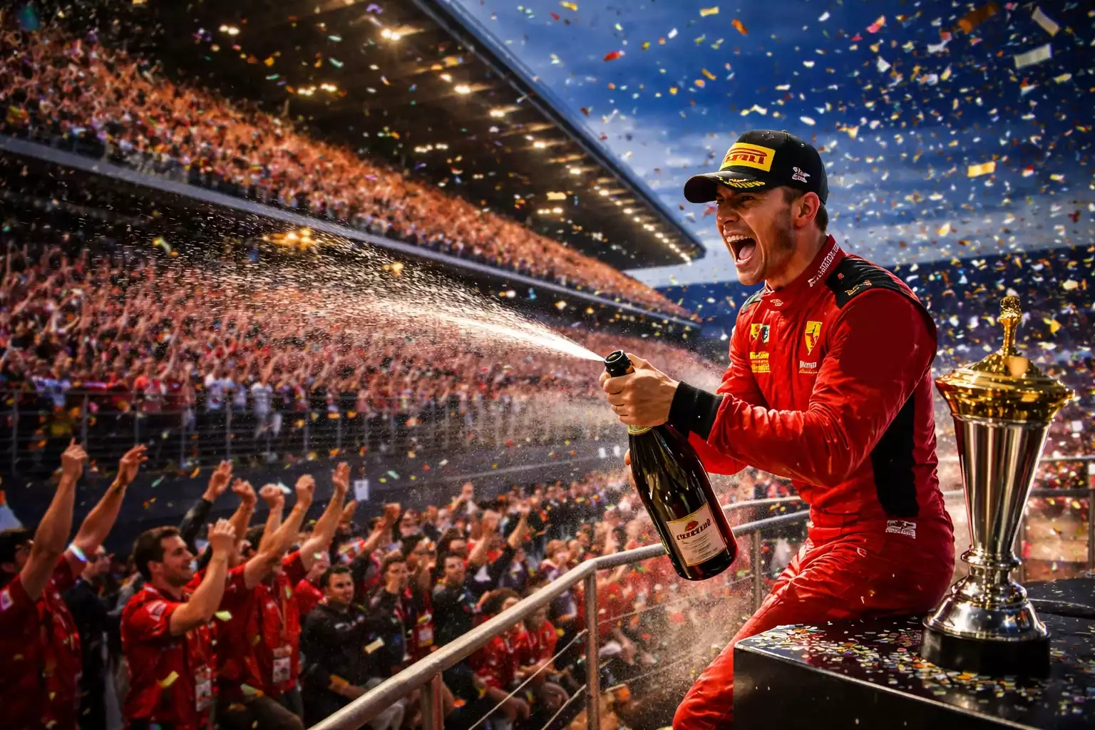 Formule 1 podiumceremonie met champagne en winnende coureur