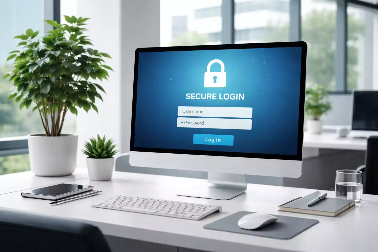 Professionele kantooromgeving met beveiligde computerwerkplek