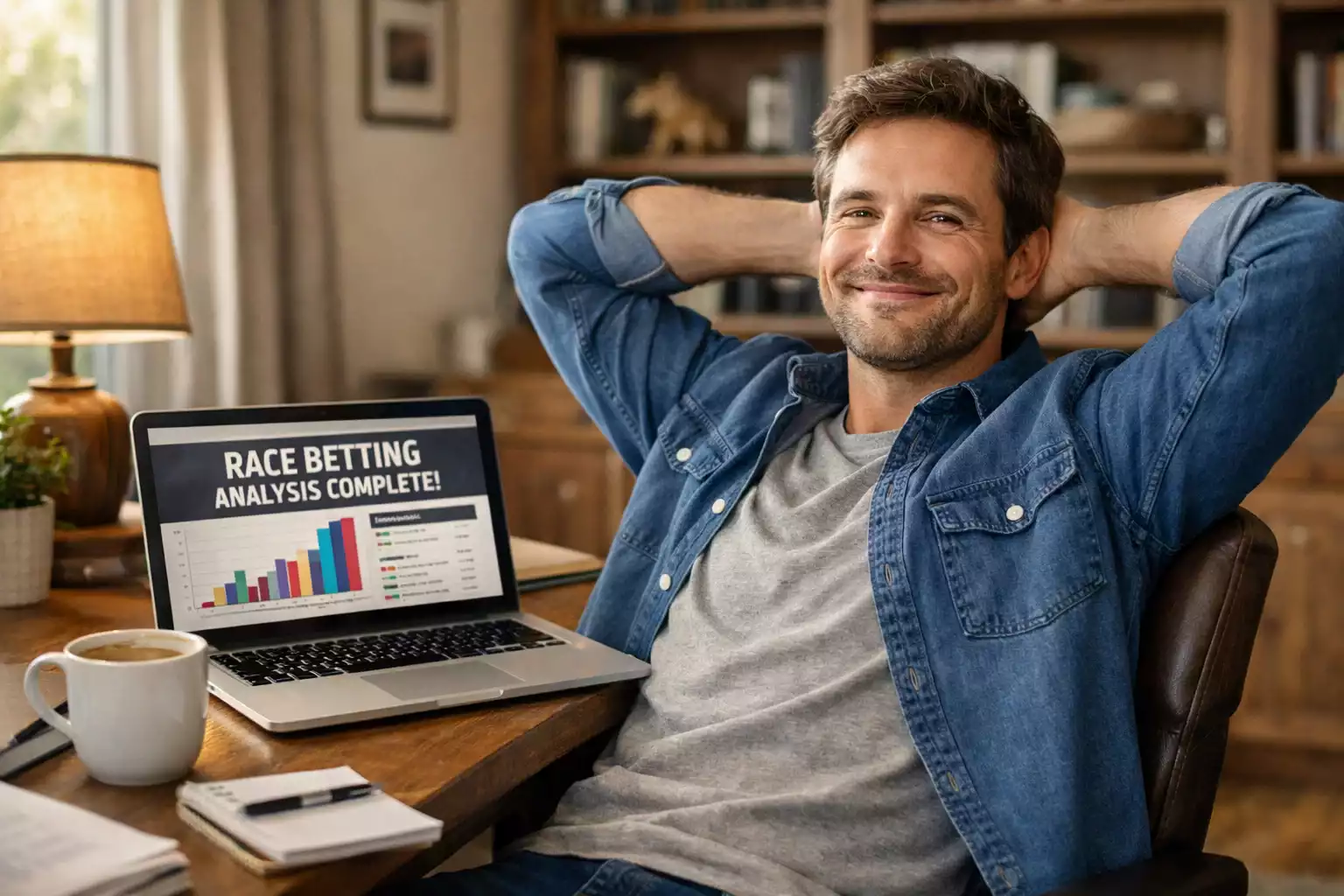 Persoon met laptop toont tevreden glimlach na analyse