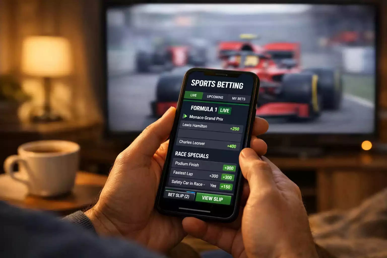 Persoon houdt smartphone vast met wedden-app terwijl F1-race op televisie speelt