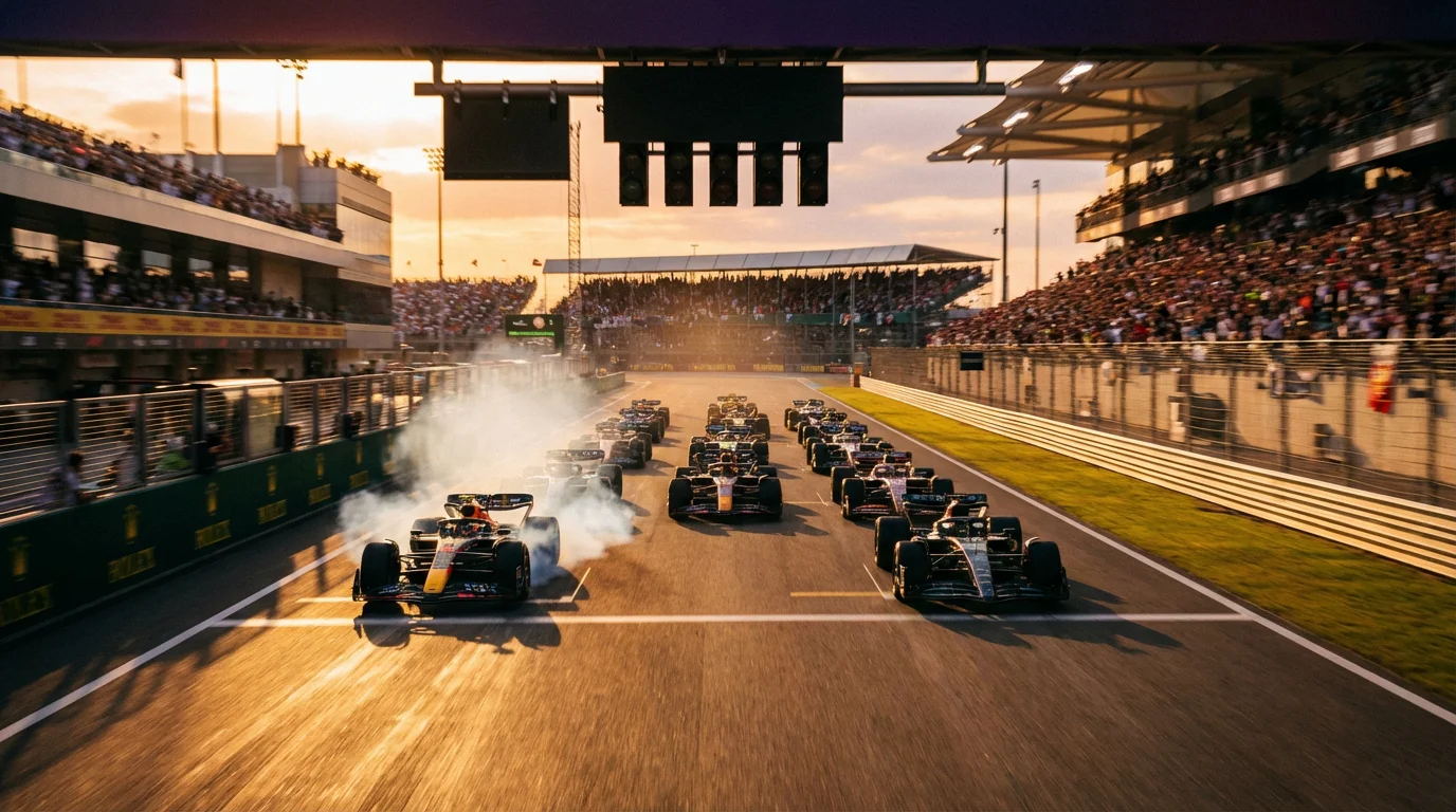 Formule 1-auto's bij de start van een sprintrace met volle tribunes op de achtergrond