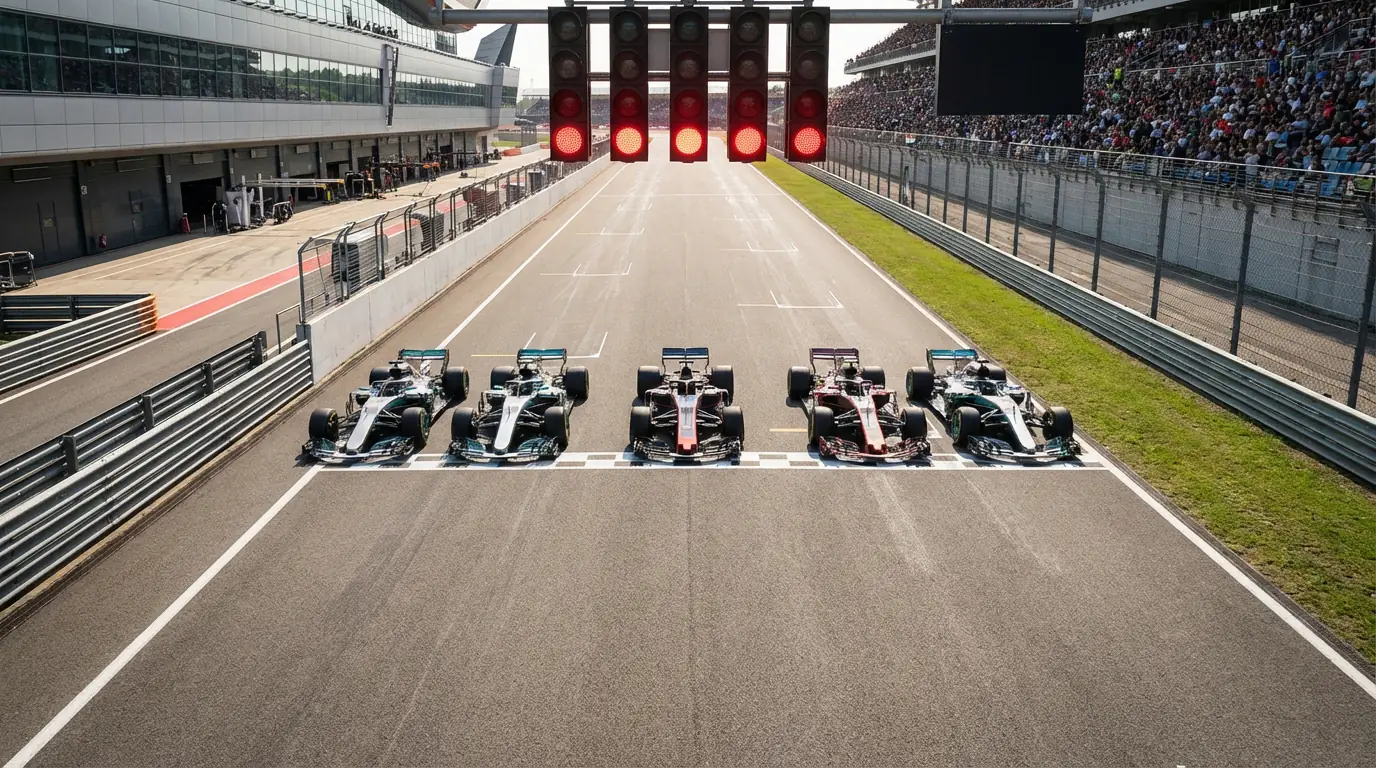Meerdere Formule 1-auto's naast elkaar op een racecircuit tijdens de start van een Grand Prix