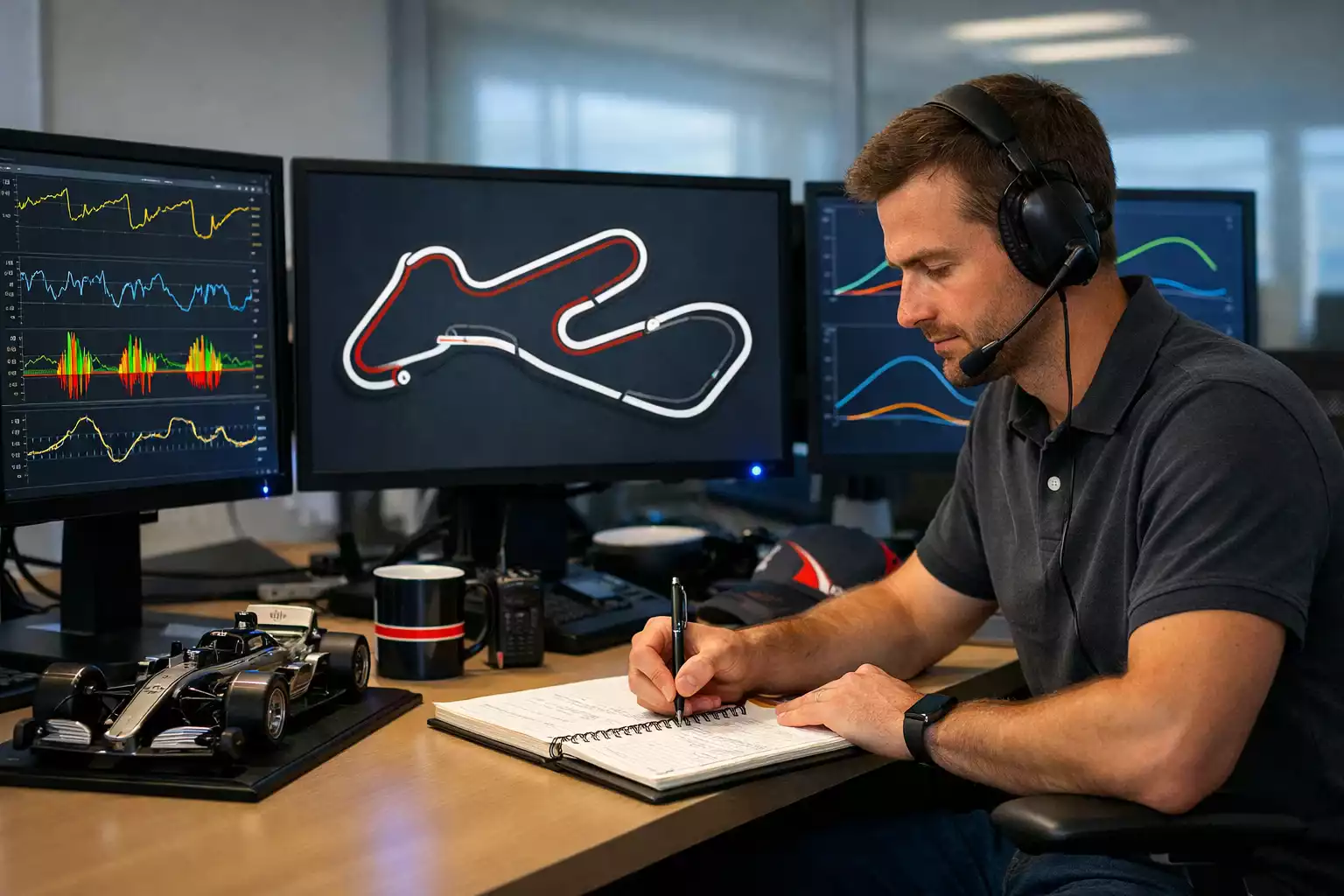 Coureur analyseert racedata en circuitkaart voor strategie