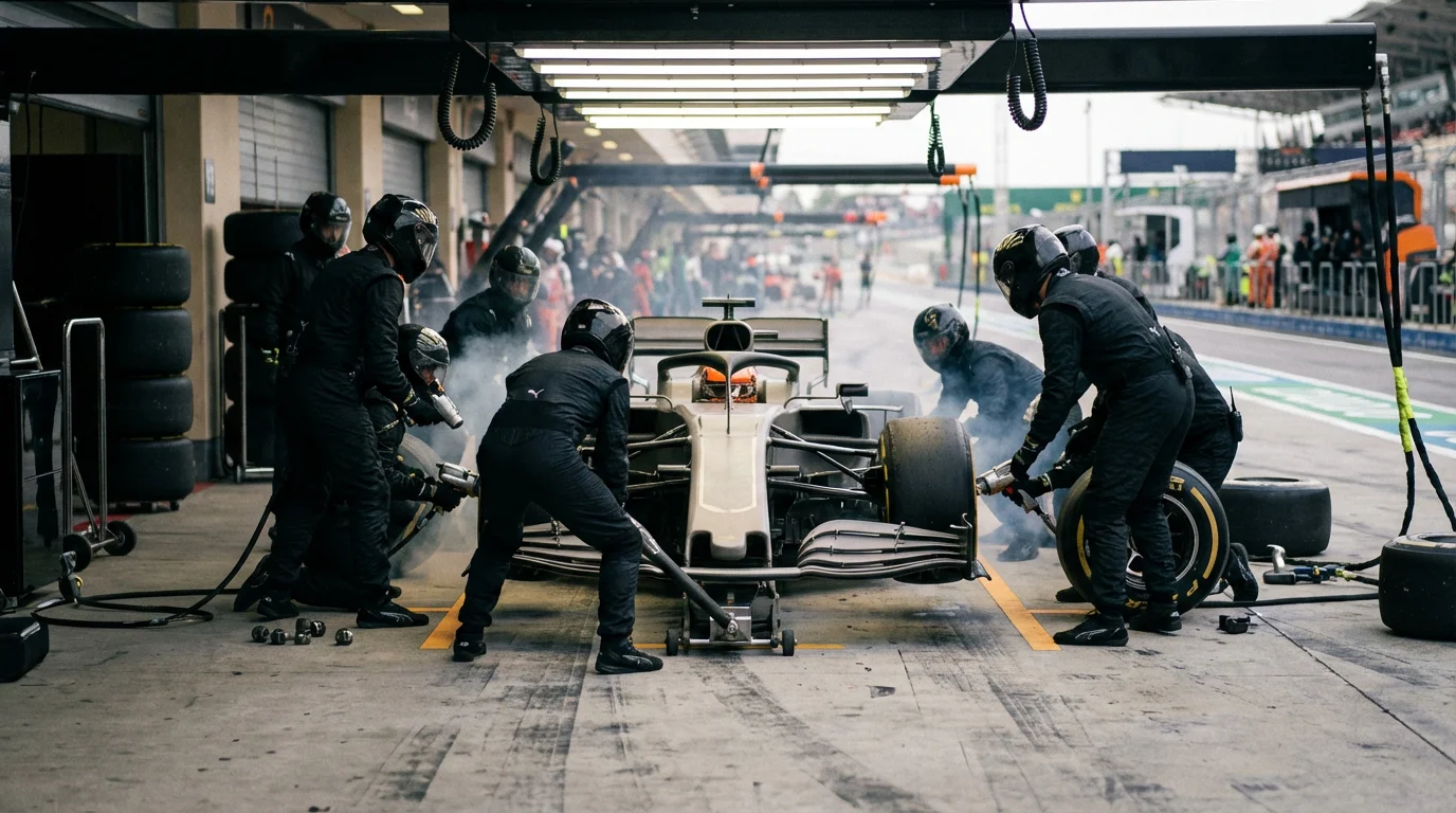 Monteurs werken aan een Formule 1 auto in de pitstraat onder felle lampen