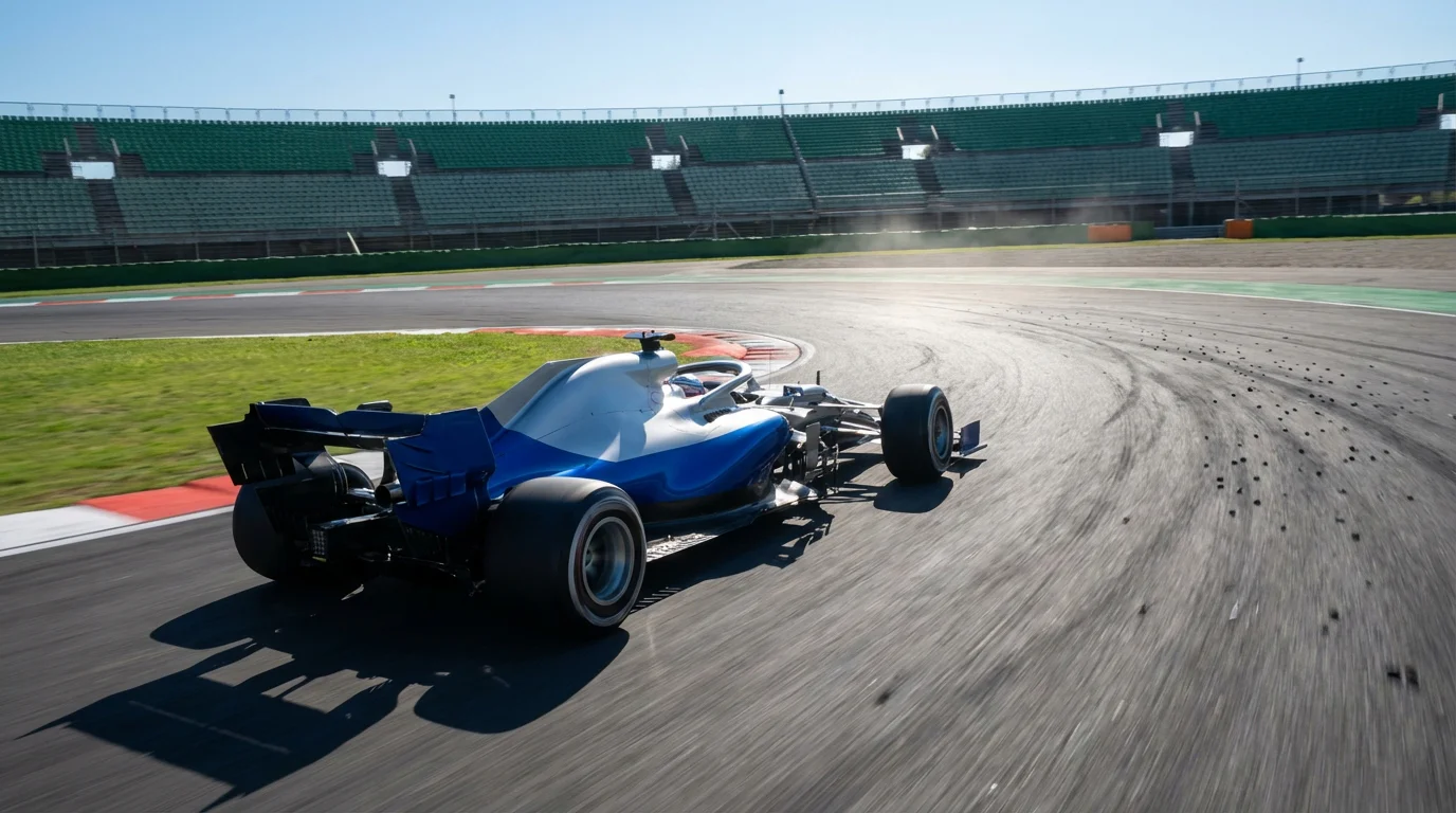 Formule 1-bolide rijdt door een bocht tijdens vrije trainingen op een zonnig circuit