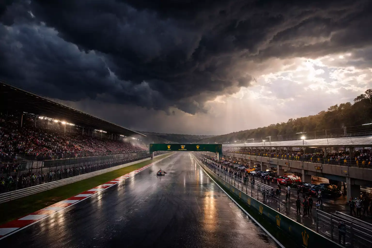 Formule 1-circuit met donkere regenwolken boven de baan