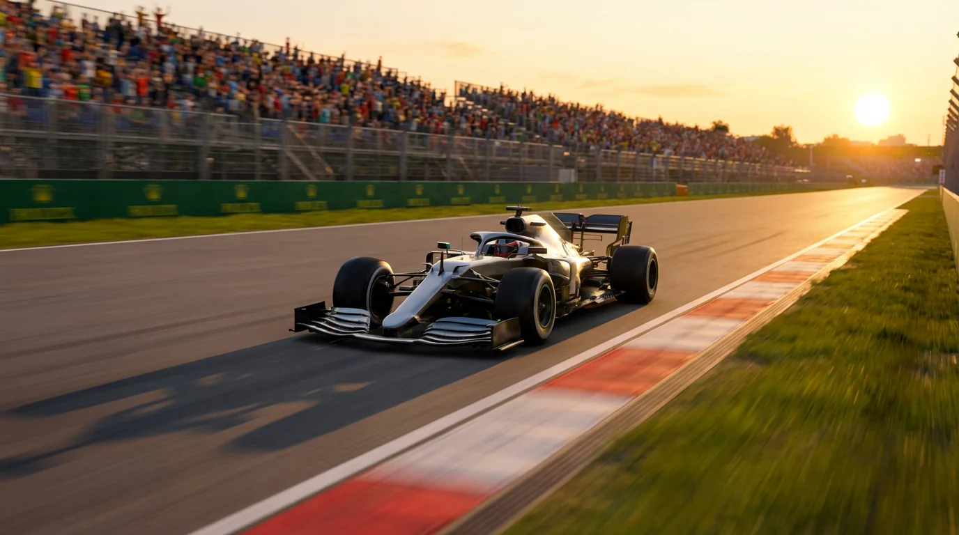 Formule 1-auto scheurt over het rechte stuk van een racecircuit tijdens een Grand Prix