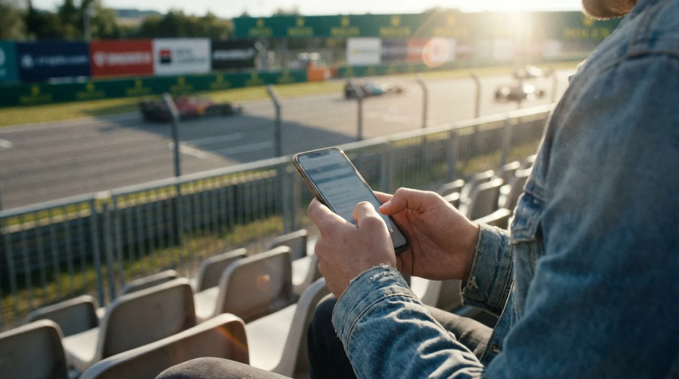 Persoon met smartphone in de hand die een Formule 1-race volgt vanaf de tribune