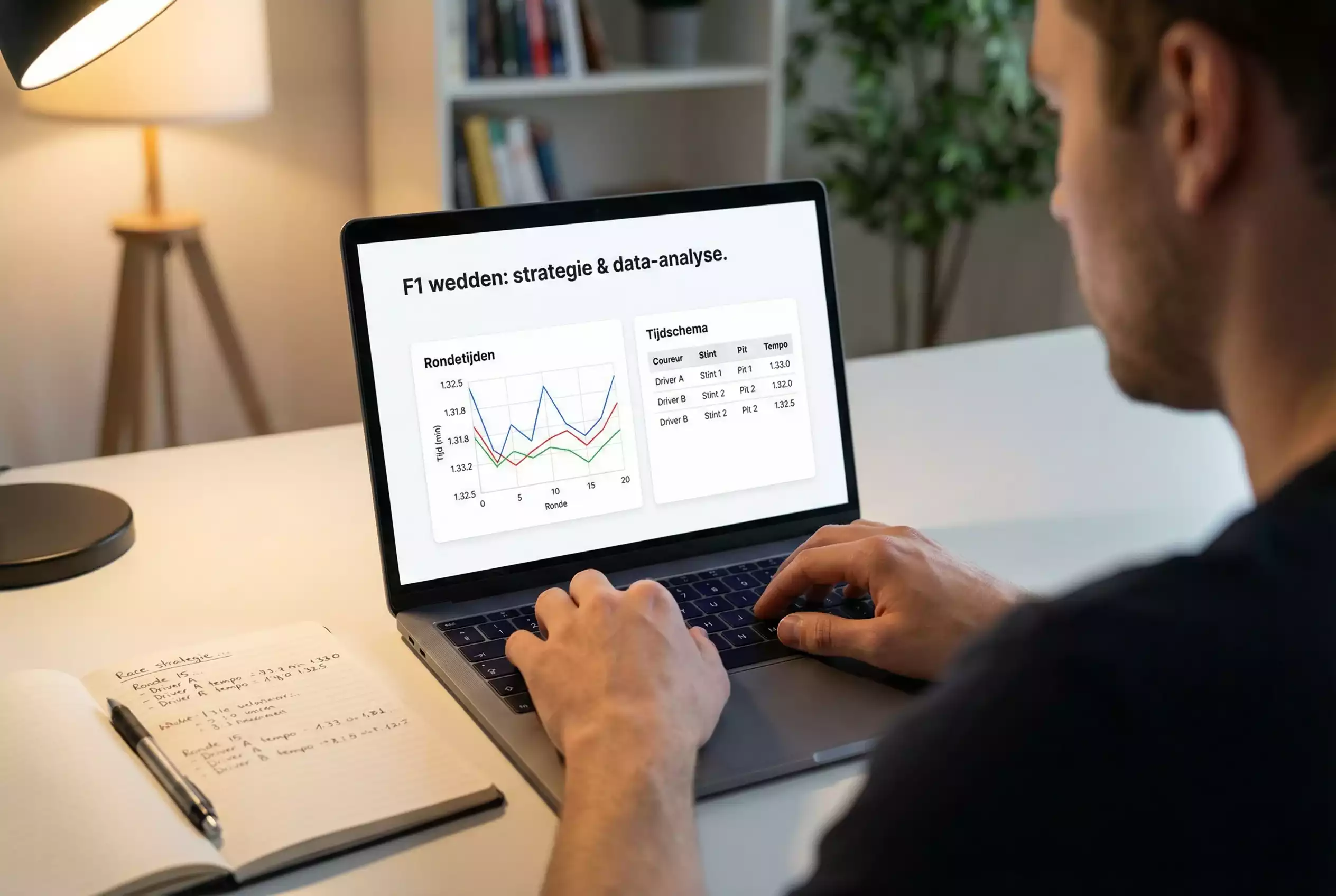 Persoon analyseert Formule 1-racedata op een laptopscherm met rondetijden en grafieken