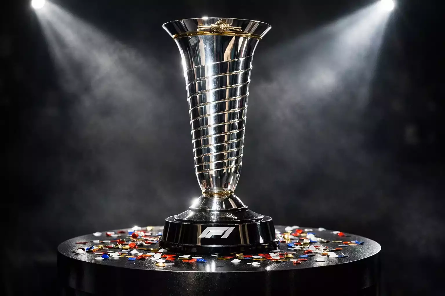 Glanzende F1-trofee op podium met confetti
