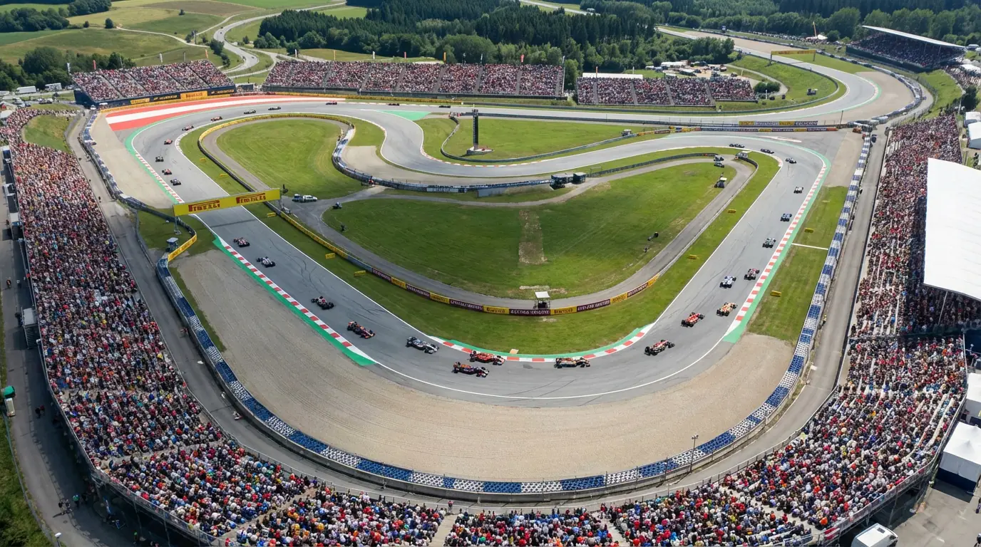 Formule 1-circuit vanuit de lucht met tribunes vol toeschouwers tijdens een racedag
