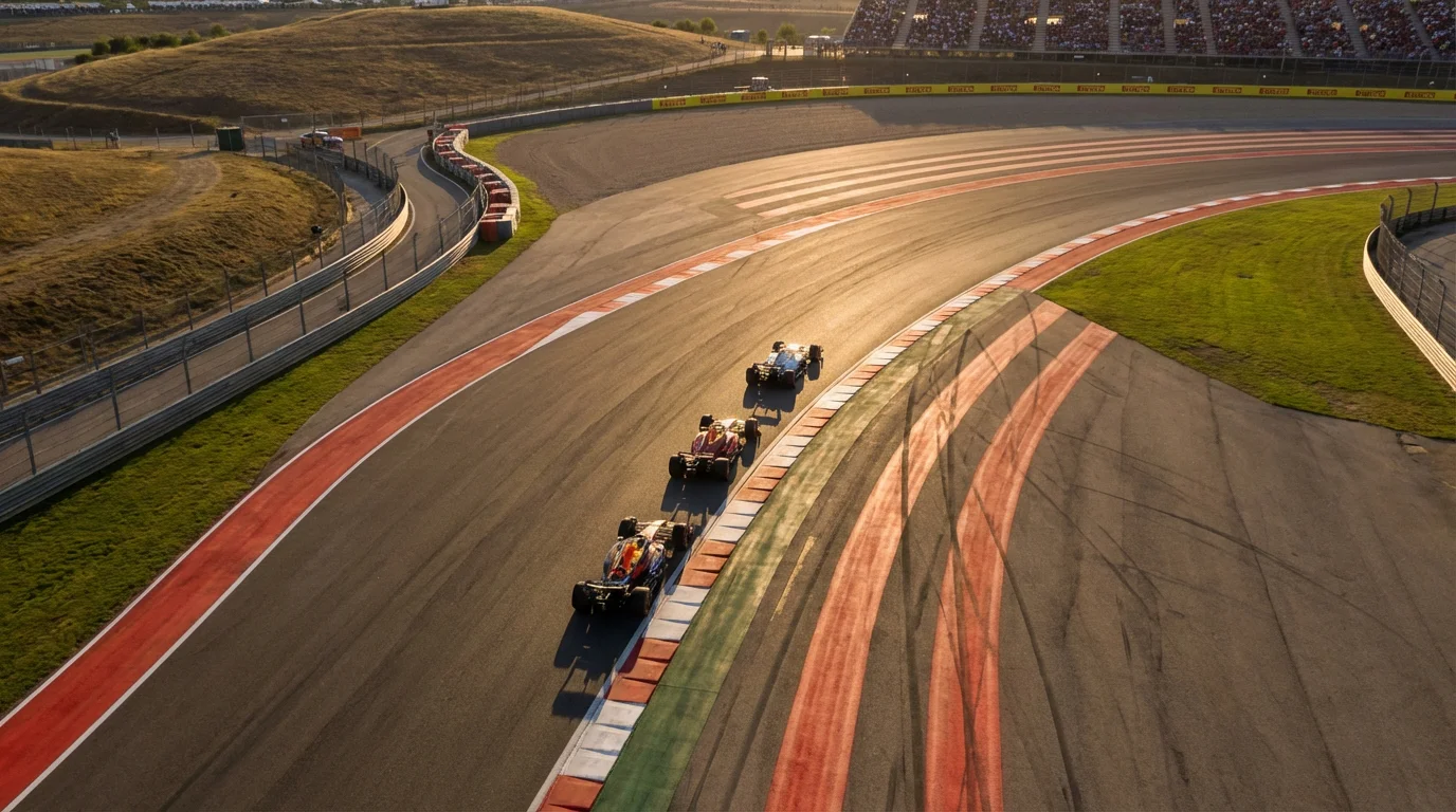 Luchtfoto van een Formule 1-circuit met auto's die door bochten racen