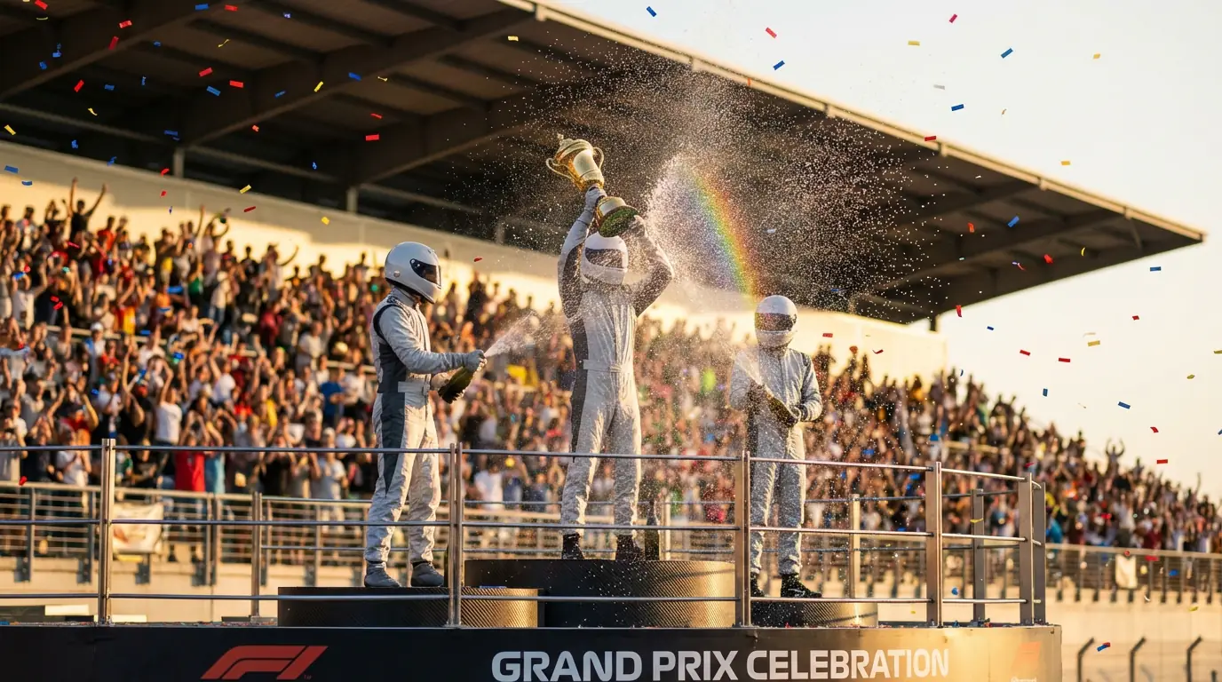Drie Formule 1-coureurs vieren hun podiumplaats na een Grand Prix