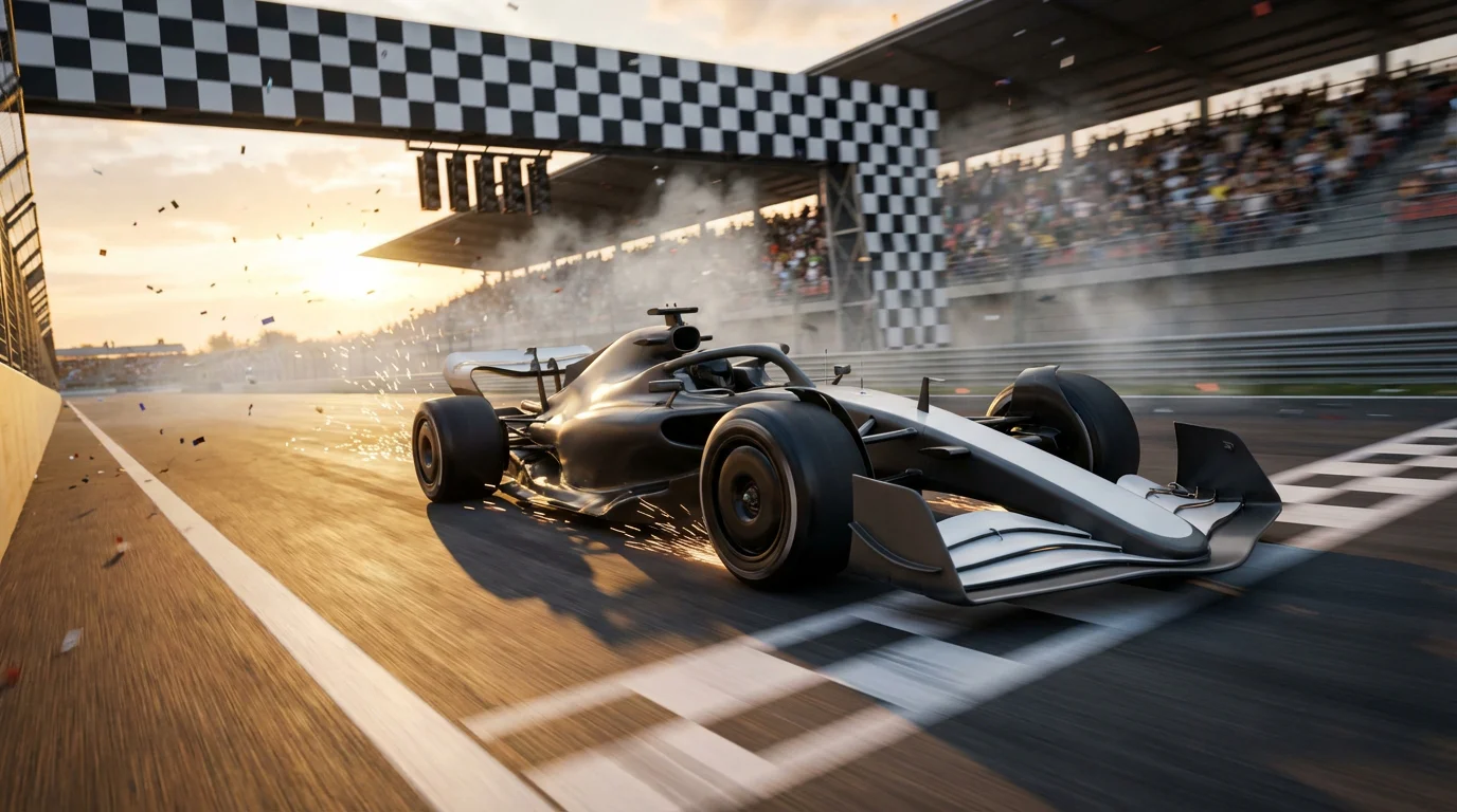 Formule 1-auto passeert de finishlijn tijdens een Grand Prix