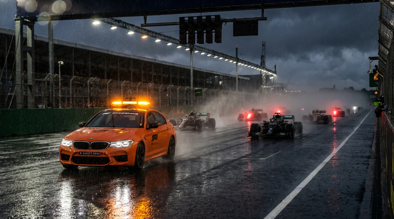 De safety car voor het Formule 1-veld op een regenachtig circuit tijdens een Grand Prix