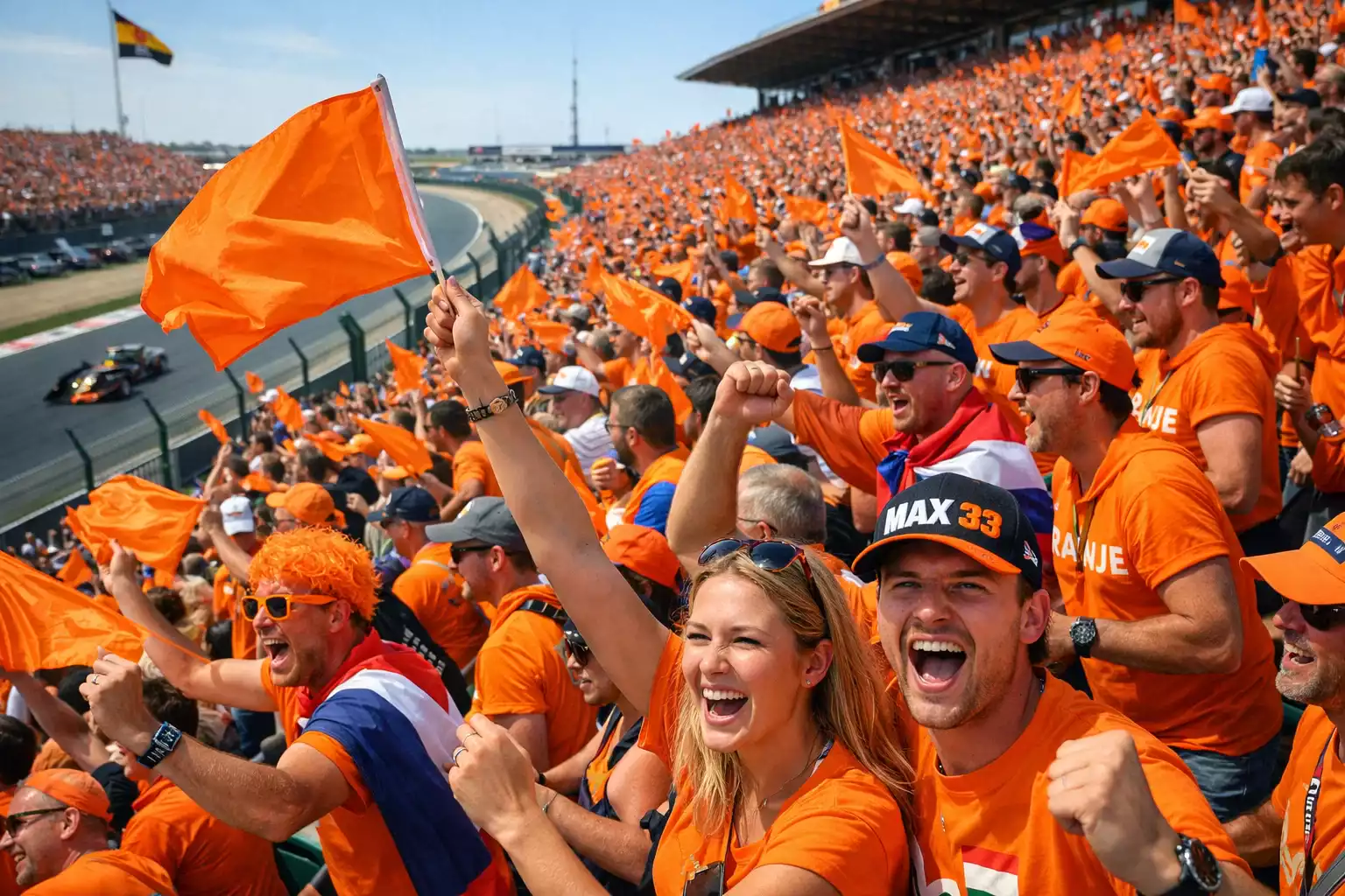 Nederlandse F1-fans in oranje kleding op tribune