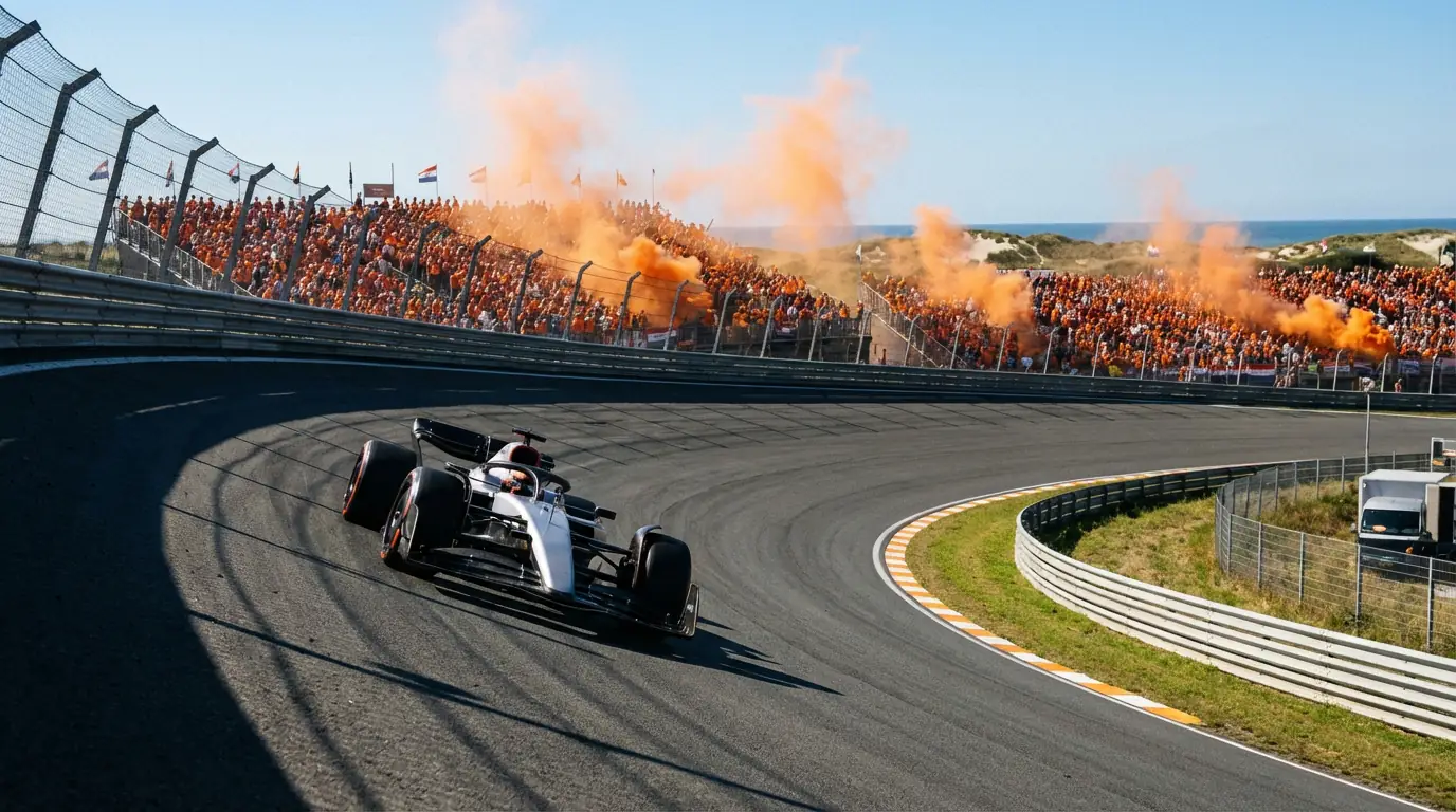 Circuit Zandvoort met gebankeerde bocht en oranje tribunes langs de duinen